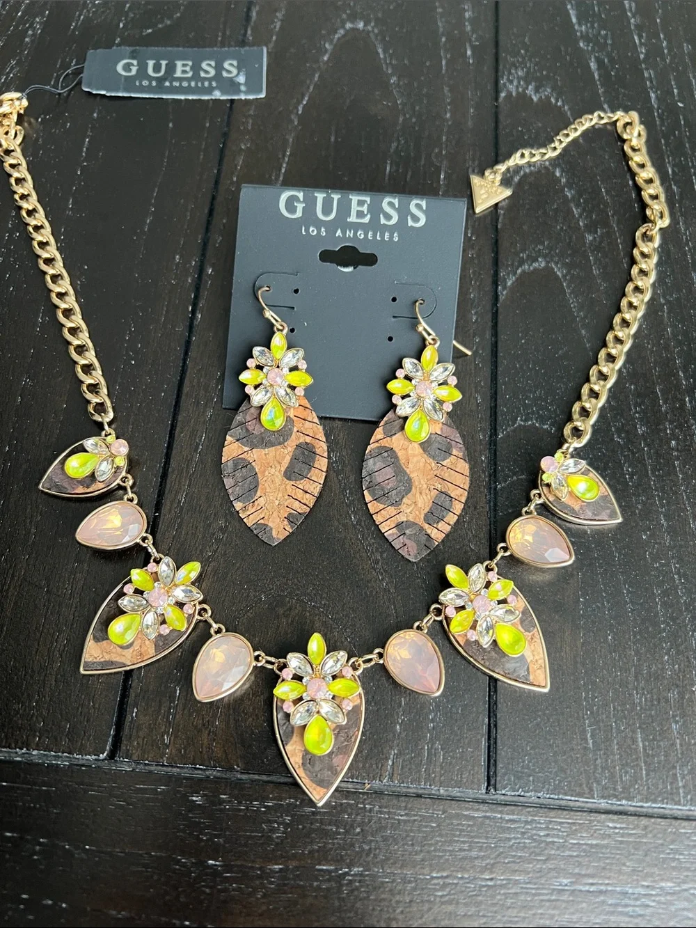 GUESS Gold-Tone Leaf Necklace and Earring Set with Lime Green and Pink Accents